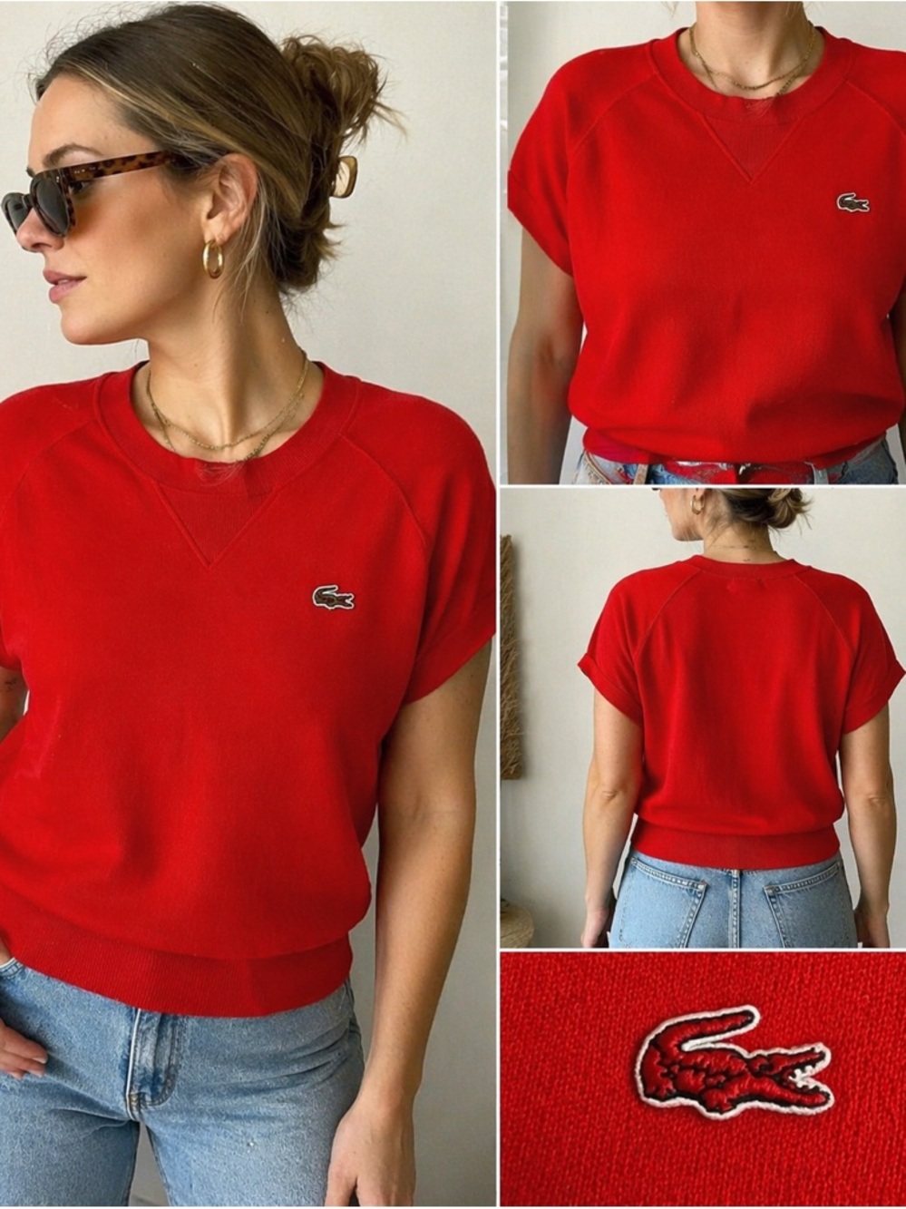 Lacoste Y2K Vintage 90’s Red Short-Sleeve Knit Sweater with Crocodile Logo